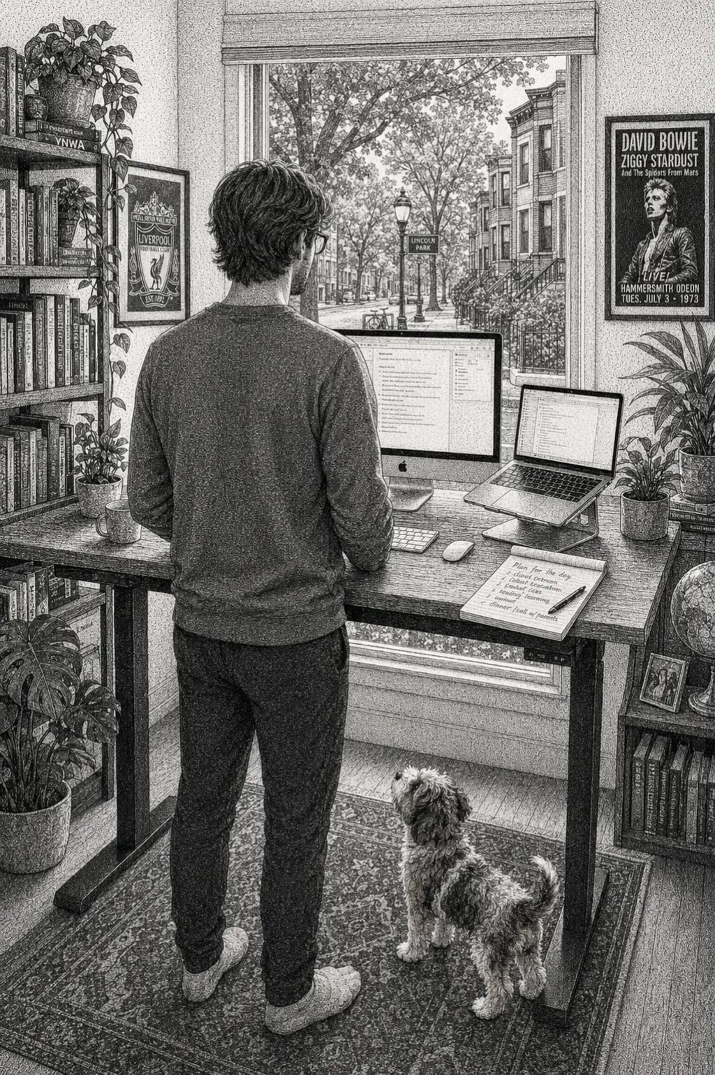 Connor at his standing desk with Henry the dog, looking out a window onto Lincoln Park, Chicago. Hand-drawn ink illustration